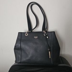 GUESS Black Leather-Look Tote with Silver Hardware